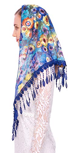 PAMOR Mass Veil Triangle Mantilla Cathedral Head Covering Chapel Veil Lace Shawl Latin Scarf (Blue 2)