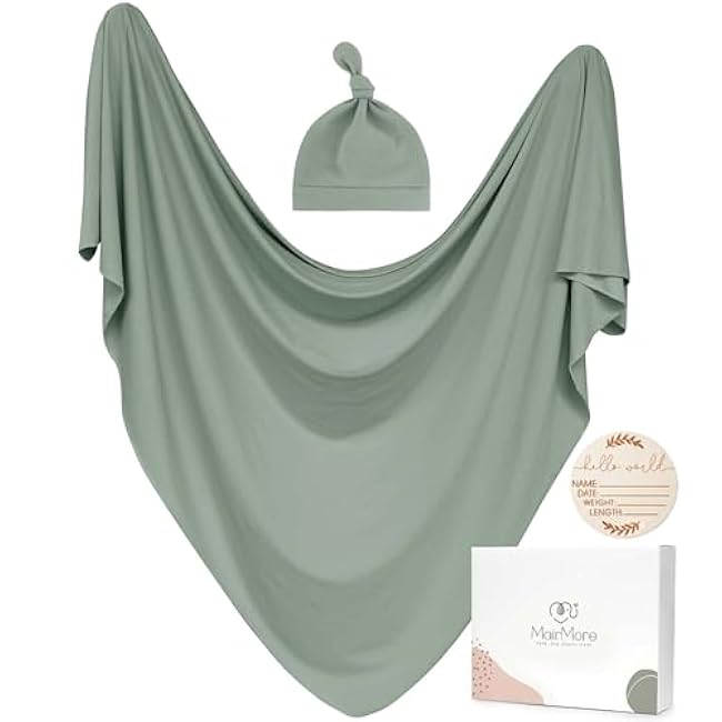 Baby Swaddle Receiving Blankets with Matching Beanie Set Newborn Nursery Swaddle Wrap for Baby Girls and Boys (Green)
