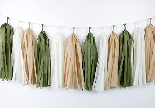 15 Pcs Diy Olive Green Tan Brown Nude Cream Tissue Paper Tassel Garland Party Banner For Eucalyptus Greenery Baby Shower Woodland Jungle Tropical Nature Theme Birthday Wedding Party Decoration #TOP3