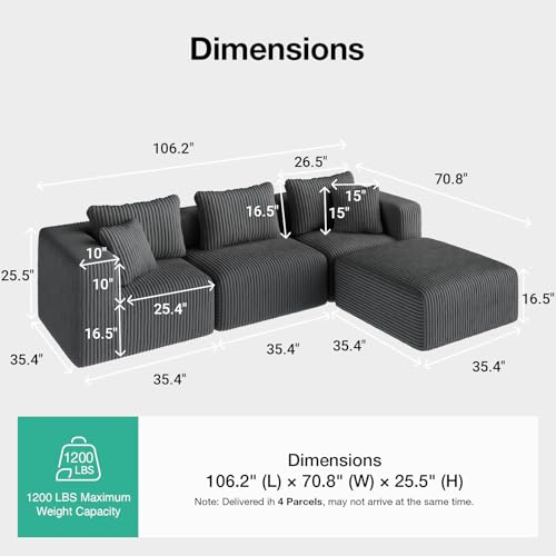 Image of Novilla 106 inch Modular Sectional Sofa, L Shape Convertible Sectional Couch, Modern Cloud Design with Smarts Coil Support, Boneless Couch for Living Room Apartment, No Assembly Required, Dark Gray