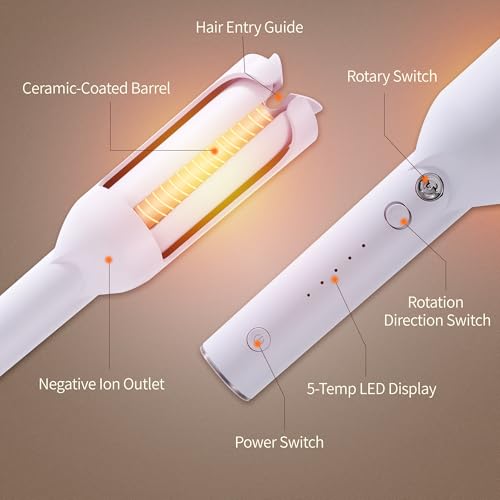 Image of Upgraded Automatic Rotating Curling Iron - CurlPro Plus Long Barrel Curling Wand for Long Hair, Ceramic Hair Curler for Women, Anti-Scald, Tangle-Free, 600M Ionic, Dual Voltage (Blue)