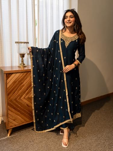 Image of VredeVogel Women's Silk Blend Embroidered Anarkali Kurta with Pant & Dupatta Set | Festive & Casual Women Ethnic Kurta Set for Women