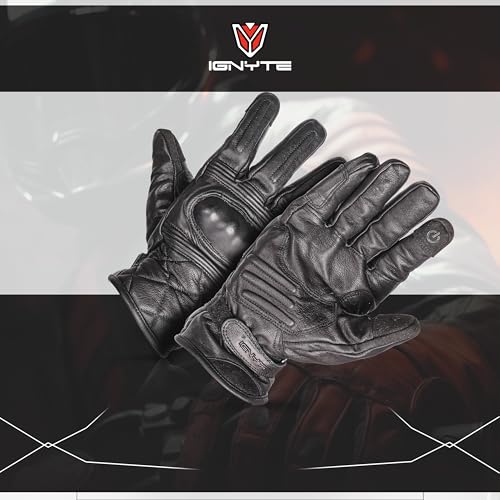 Image of Ignyte Streak Leather Gloves Full Finger Waterproof Bike Riding Gloves with Touch Screen Sensitivity at Thumb and Index Finger, Protective Off-Road Motorbike Racing (M, Black)
