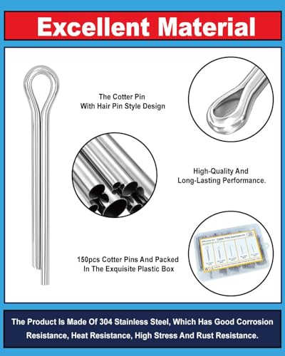 Image of 5 Sizes Cotter Pin Assortment Kit, 304 Stainless Split Pins - 150 Pcs | Hardware fastener assortment for automotive, tractor & lawn mower. 304 stainless steel retaining pins for securing.