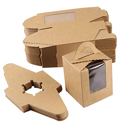 Super Brands INFLORAL 60pcs 3.62x3.62x3.93 Inches Individual Kraft Cupcake Cake Boxes,Single Brown Cupcake Carrier Boxes with Window & Carrier Handle for Birthday Wedding Graduation Party Candy Boxes and Parties