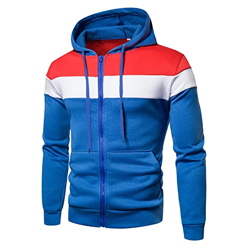 Maiyifu-GJ Men Zip Up Color Block Hoodies Blend Fleece Long Sleeve Sweatshirt with Kanga Pockets Zip Front Slim Hooded Hoodie (Blue,3X-Large)