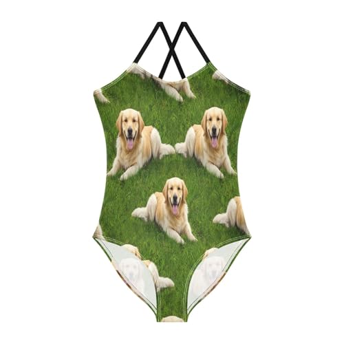 Dogs Lying Green Grass Girls' Athletic Swimwear, Summer Beach Bathing Suit, 3-10
