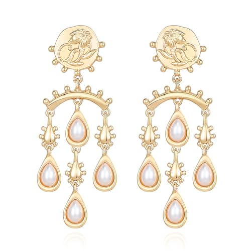 UPOWKA Vintage Pearl Drop Earrings, Gold Plated Chandelier Design with