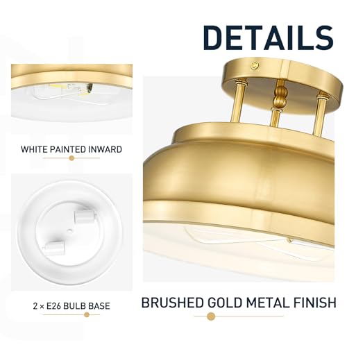 Image of zeyu 2-Light Vintage Flush Mount Light Fixture, Semi Flush Ceiling Light Fixture for Bedroom Kitchen, Metal Dome Shade in Brushed Gold Finish, ZY29-F BG
