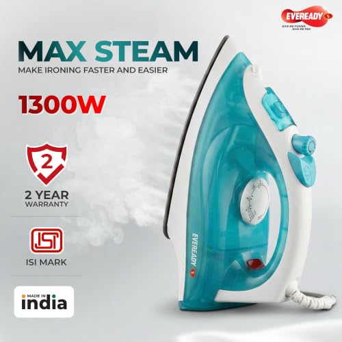 Image of Eveready Maxsteam 1300W Steam Iron with Weilburger PTFE Coated Soleplate, 19-Vent Even Steam Distribution, 200ml Large Water Tank, 1.75m Long Braided Cord & 2 Years Warranty (Blue-White)