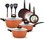 Nutrichef Pots sans bâton & Ensemble de casseroles - Vaisselle de cuisine élégante, Induction sûre, Est à nettoyer, Revêtement nonick, 12 Pièce - Couleur du café à l'extérieur & Couleur brune à l'intérieur