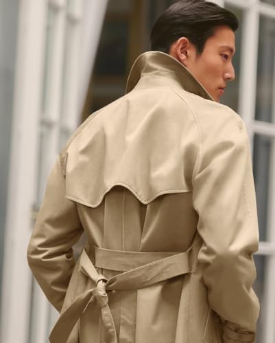 Image of Runcati Mens Trench Coat Double Breasted Notched Lapel Casual Belted Windbreaker Fall Classic Long Jacket Overcoat