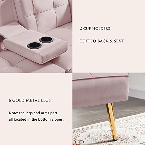 Sevenwood Velvet Futon Sofa Bed With Cup Holder,Velvet Small Loveseat Sleeper Bed, Modern Folding Sleeper Couch With 2 Pillows And 6 Gold Metal Legs For Living Room. (Pink) #TOP4