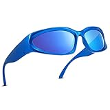 COASION Wrap Around Fashion Sunglasses Oval Dark Vintage Sun Glasses for Men Women Outdoor Sport Shades UV400 Eyeglasses (Dark Blue/Blue Mirrored)