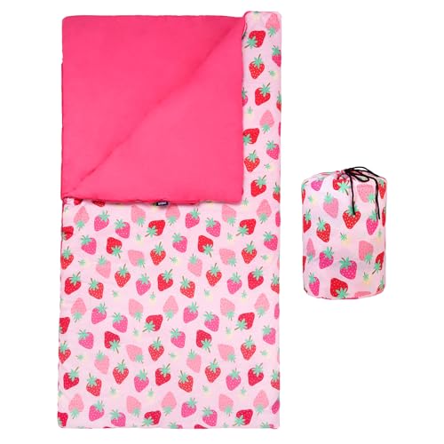 Image of Wildkin Kids Sleeping Bag - Roll-Up Design with Storage Bag for School, Travel & Camping - Strawberry