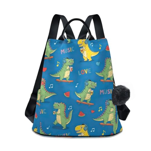 Sac à dos tendance pour femme bleu à motif dinosaures verts avec plusieurs poches pratiques