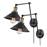 Apliques de Pared Interior Moderna Paquete de 2 E27 Vintage Lámparas de Pared brazo largo ajustable con interruptor y enchufe negro metal industrial para Pasillo Escalera Dormitorio