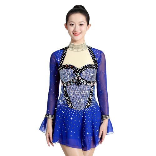 Girl's Shiny Rhinestones Figure Skating Dress, Women's Ice Skating Dresses for Competition, Customizable(Medium) Blue