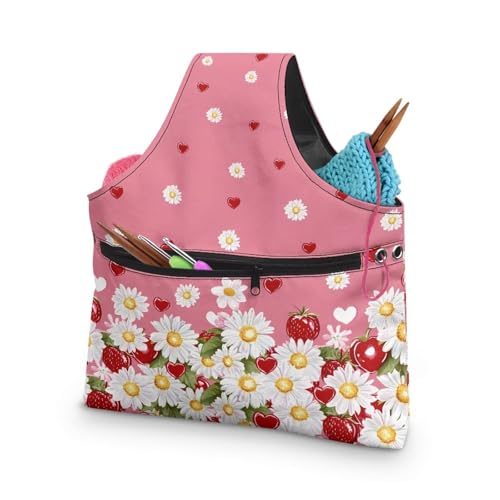 Image of KUIFORTI Daisy Knitting Yarn Bag Floral Yarn Bags for Crocheting on The Go Crochet Storage Bag for Women Girls at Home Travel Yarn Tote for Knitting Needles Floral Print Home Gifts