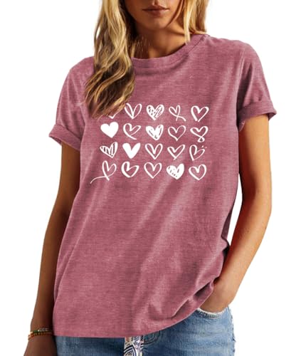 Image of Valentines Shirts for Women Valentine Love Heart Printed Graphic Tshirt Cute Girls Casual Top Lightpink