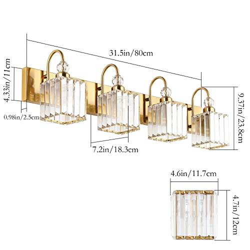 Image of Ralbay Crystal Gold Bathroom Vanity Lights 4-Lights Vanity Lights Over Mirror Modern Crystal Gold Bathroom Wall Lighting Fixtures