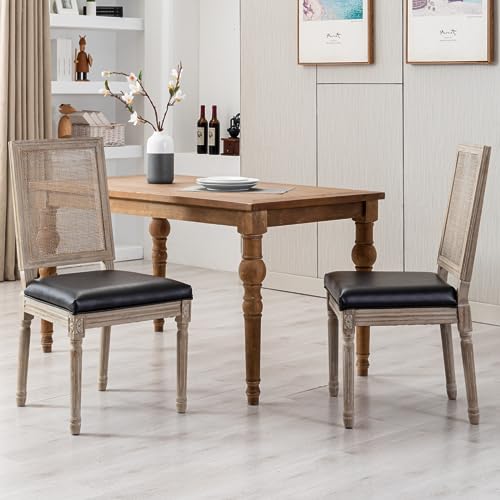 Farmhouse Leather Dining Chairs Set of 2 French Dining Room Chairs with Round Rattan Back Bistro Chairs for Dining Room/Living Room/Restaurant/Kitchen, Brown