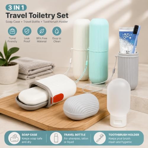 Image of iSTAR 3-in-1 Travel Toiletry Kit with Toothbrush Holder, Travel Soap Case & Refillable Silicone Travel Bottle - Portable Travel Bathroom Accessories Set, Leakproof, Lightweight (White)