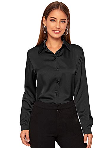 DIDK Blusa de manga larga para mujer, parte superior de satén, túnica, para oficina, elegante, con botones, camisa Negro M Cover