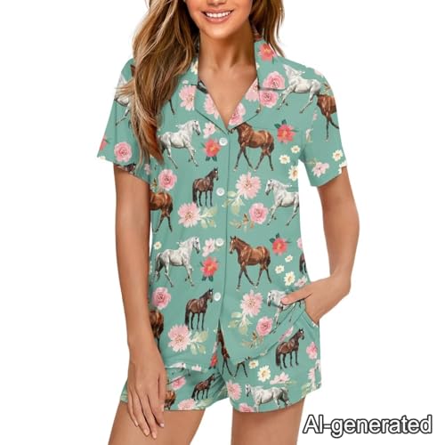 Image of Renewold Women's Short Sleeve Pajama Set Button Down Sleepwear with Notch Collar Soft Lounge Top and Shorts with Pockets