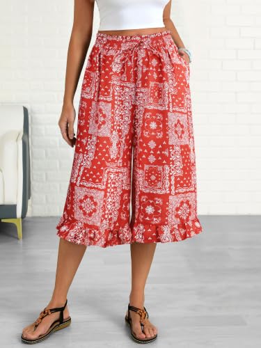 Image of Womens Wide Leg Palazzo Capri Pants Fun Vintage Print Flowy Cropped Capris