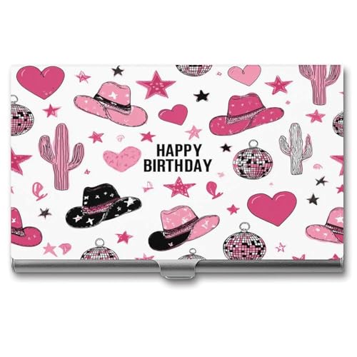 Pink Cowgirl-themed Birthday Party Business Card Holder, Pocket Slim Portable Metal Business Card Case for Women Men