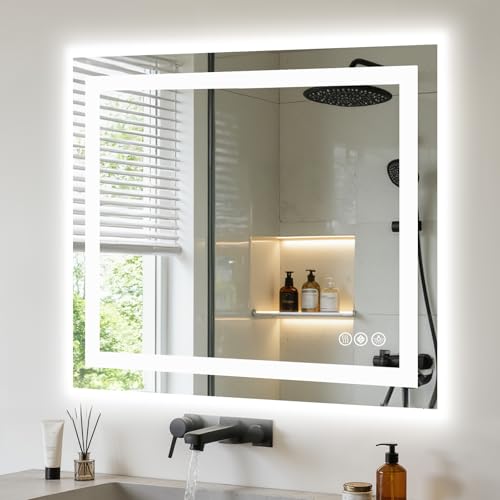 NEWBULIG 36X36 LED Bathroom Mirror with Lights, Anti-Fog, Backlit + Front Lit, Lighted Bathroom Vanity Mirror for Wall, Memory Function, Dimmable, Tempered Glass, Shatter-Proof