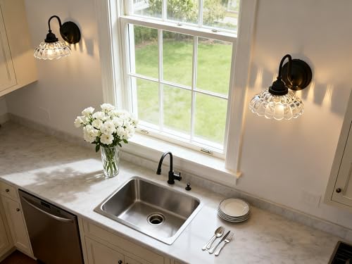 Image of Phansthy Antique Brass Wall Sconce Hardwired, Gooseneck 1-Light Single Vanity Wall Light with Umbrella-Shaped Clear Glass Shade, Wall Lamp for Bedroom Bedside Kitchen Hallway (Black)