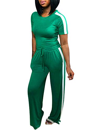 Women Jogger Suit Set Color Block Short Sleeve T-shirts Long Pant Tracksuits Set