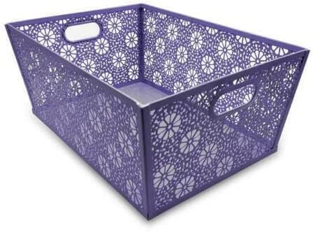 ARA CHOICE Modern Rectangle Metal Floral Mesh Storage Basket Tray Bin Laundry Grip Handles for Store Office Paper Sheet, Bathroom Accessories Easy to Use with Attractive Colorful Looks (PURPLE)