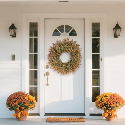 Image of 26 inch Large Fake Eucalyptus Fall Wreath for Front Door Decor(Orange-Green) | Artificial Outdoor Wreath, UV and Water Resistant, for Porch /Window /Wall /Farmhouse /Home /Thanksgiving Day /Autumn Decor