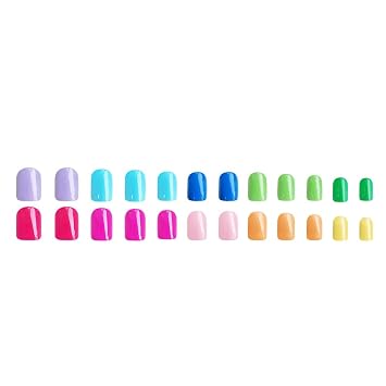 Colorful Press on Nails Square Short Spring Fake Nails Press ons Nail Tips Artificial Acrylic Nail Art Manicure Kit Full Cover False Nails Glossy Solid Color Stick on Nails Women 24Pcs