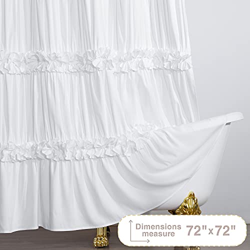 Hig Ruffled Farmhouse Shower Curtain, White Frilly Feminine Bathroom Curtain With 3 Rows Of Handmade Butterfly Flowers, Elegant Cloth Bath Curtain For Bathroom Decor, 72" X 72", Microfiber (Westbury) #TOP4