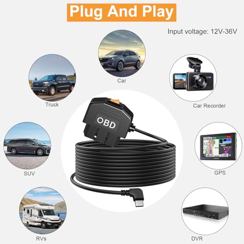 Cable de alimentación OBD para cámara de salpicadero USB C de 12V a 5V 6