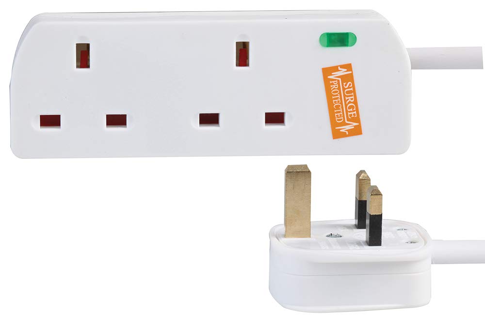 Pro Elec White 2 Gang Surge Protected Mains Extension Lead, 2M,