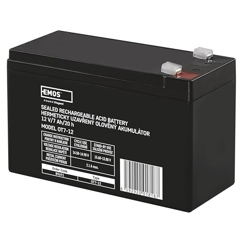 EMOS - Wartungsfreier Bleiakku - 12V 7Ah - AGM Batterie - Faston 4,7mm Anschluss - Für Gefahrmeldeanlagen, Brandmeldetechnik, Alarmsysteme, USV, Aufzüge - 151x65x94 mm