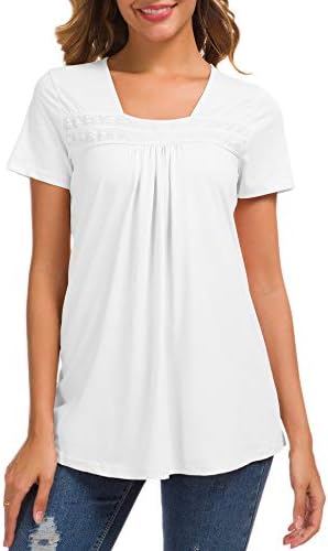 Women's White Square Neck Tops Loose Cotton Short Sleeve Blouse Lace Pleated Tunic Tee Shirts XXL