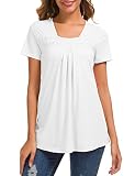 Women's White Square Neck Tops Loose Cotton Short Sleeve Blouse Lace Pleated Tunic Tee Shirts XXL