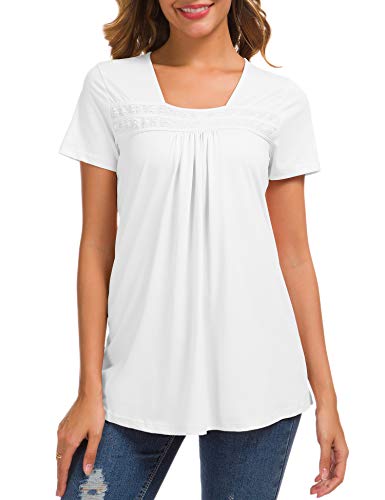 Women's White Square Neck Tops Loose Cotton Short Sleeve Blouse Lace Pleated Tunic Tee Shirts Xxl #TOP2