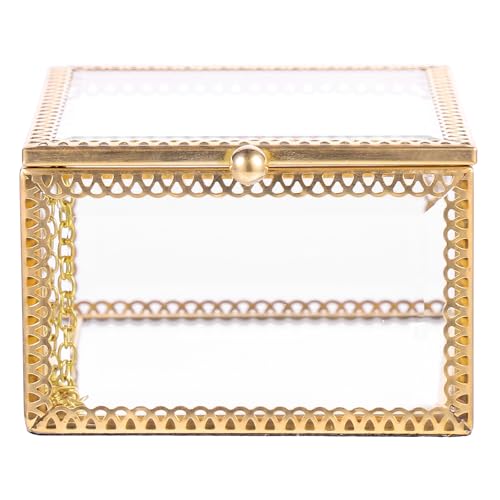 FOMIYES Joyero Retro Cuadrado de Metal y Cristal Borde Cobre Ondulado, Tamaño 8.7x8.7x5.7 Cm, Caja de Almacenamiento Vintage para Pendientes y Joyas, Adecuado para Decoración y Regalos