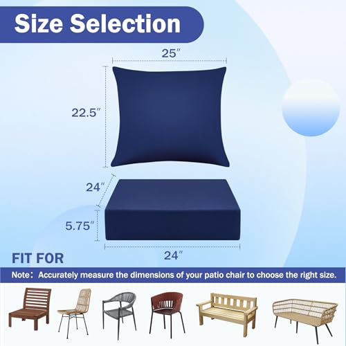 Image of Outdoor Chair Cushions, 24 x 24 Inch Outdoor Cushion for Patio Furniture, Patio Chair Cushion, Waterproof & Fade Resistant Deep Patio Furniture Cushions Set with Handle and Ties, Navy Blue (Set of 6)