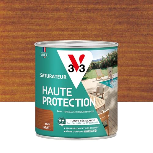 V33 Saturateur bois extérieur Teck mat - Pour terrasses et mobilier de jardin - Haute résistance eau chlorée, UV et graisse - Sans essuyage et non glissant...