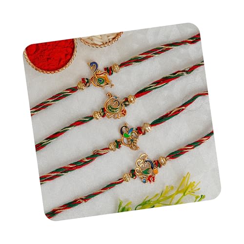 Image of eCraftIndia Multicolor Set of 4 Radha Krishna Playing Flute, Peacock, Krishna Flute, Peacock Feather Designer Religious Rakhis with Roli Chawal Pack