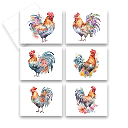 Aria Rae Design Greeting Card Set, Chicken Greeting Cards, Set of 12 including envelopes, blank inside, assorted all occasion cards