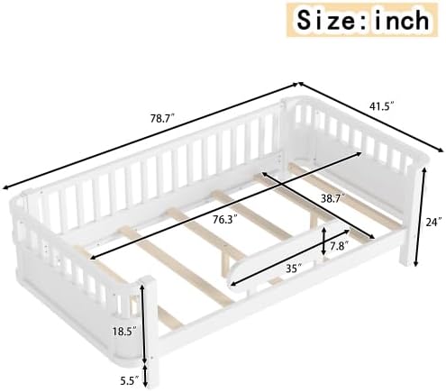 Bellemave Kids Twin Platform Bed with Detachable Fence and Side Guardrail, Solid Wood Platform Bed Frame with Safety Guardrails for Kids Girls Boys (White/Twin)